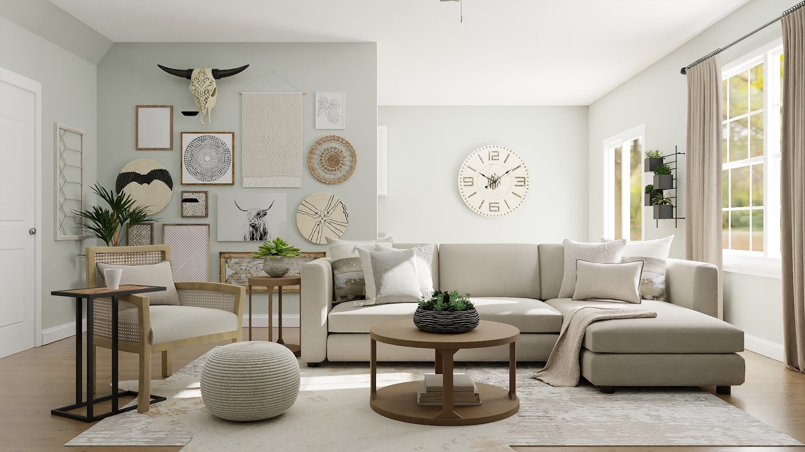 Warmly lit contemporary interior with sculptural furniture